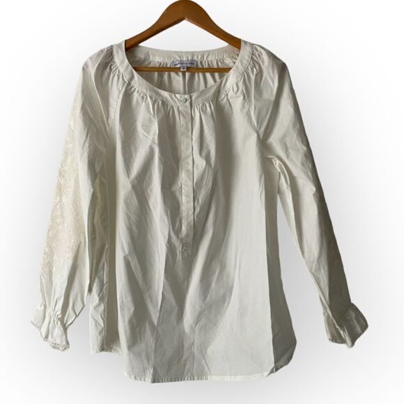 GIBSON LATIMER Peasant Popover Embroidered White Cotton Top Size Medium NWOT - Picture 1 of 10